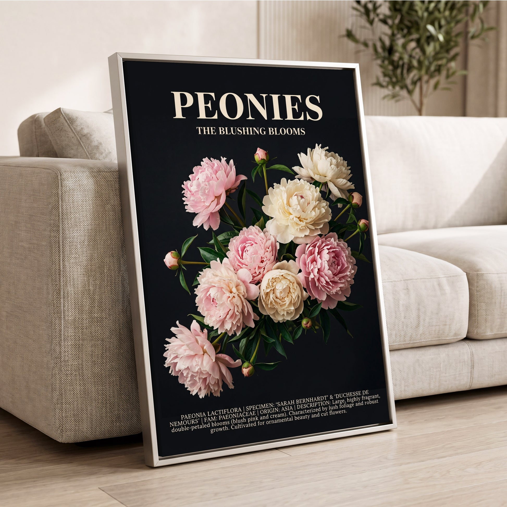 Peonies After Dark, black, pink, white floral wall art displayed in a styled interior, gallery view 2