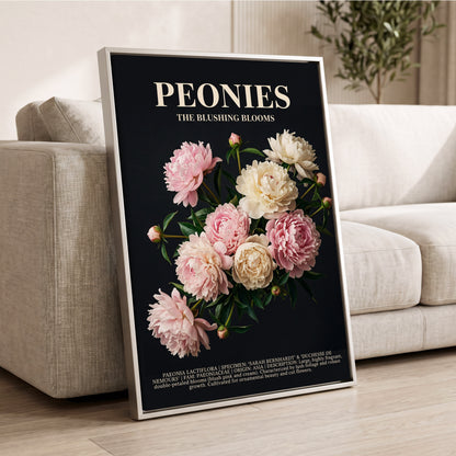 Peonies After Dark, black, pink, white floral wall art displayed in a styled interior, gallery view 2
