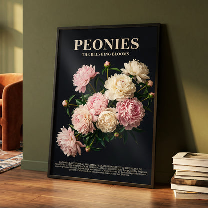 Peonies After Dark, black, pink, white floral wall art displayed in a styled interior, gallery view 4