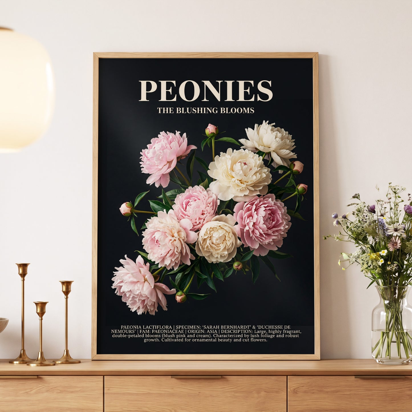 Peonies After Dark, black, pink, white floral wall art displayed in a styled interior, gallery view 5