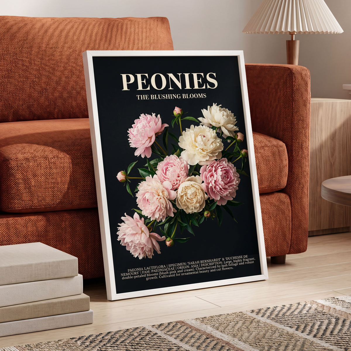 Peonies After Dark, black, pink, white floral wall art displayed in a styled interior, gallery view 6
