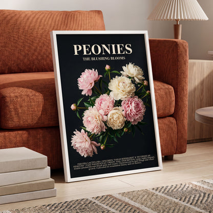 Peonies After Dark, black, pink, white floral wall art displayed in a styled interior, gallery view 6