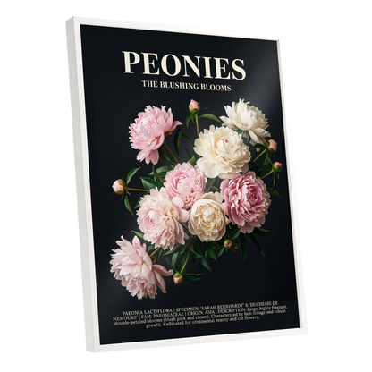 Peonies After Dark, black, pink, white floral wall art shown as a white framed poster wall art print