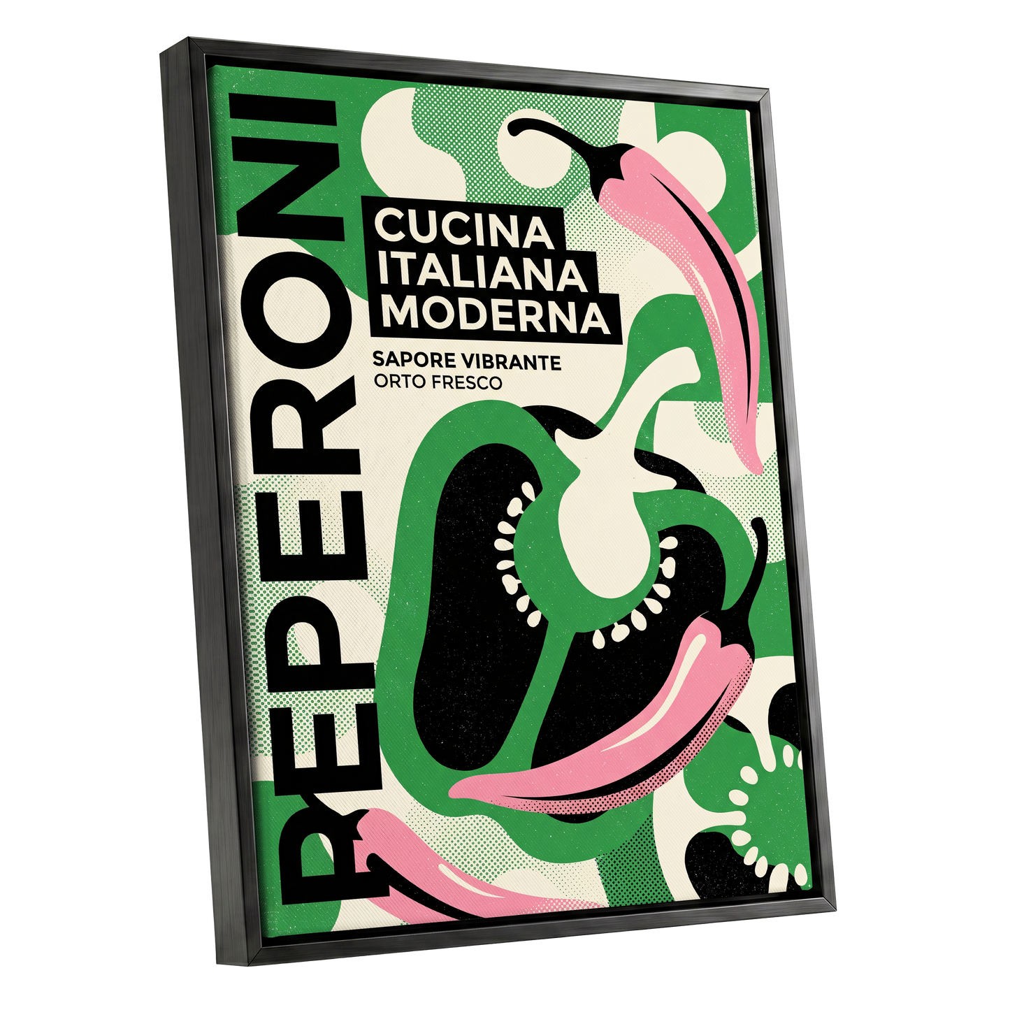 Pepper Moderno, green, black, beige nature wall art shown as a black framed canvas wall art