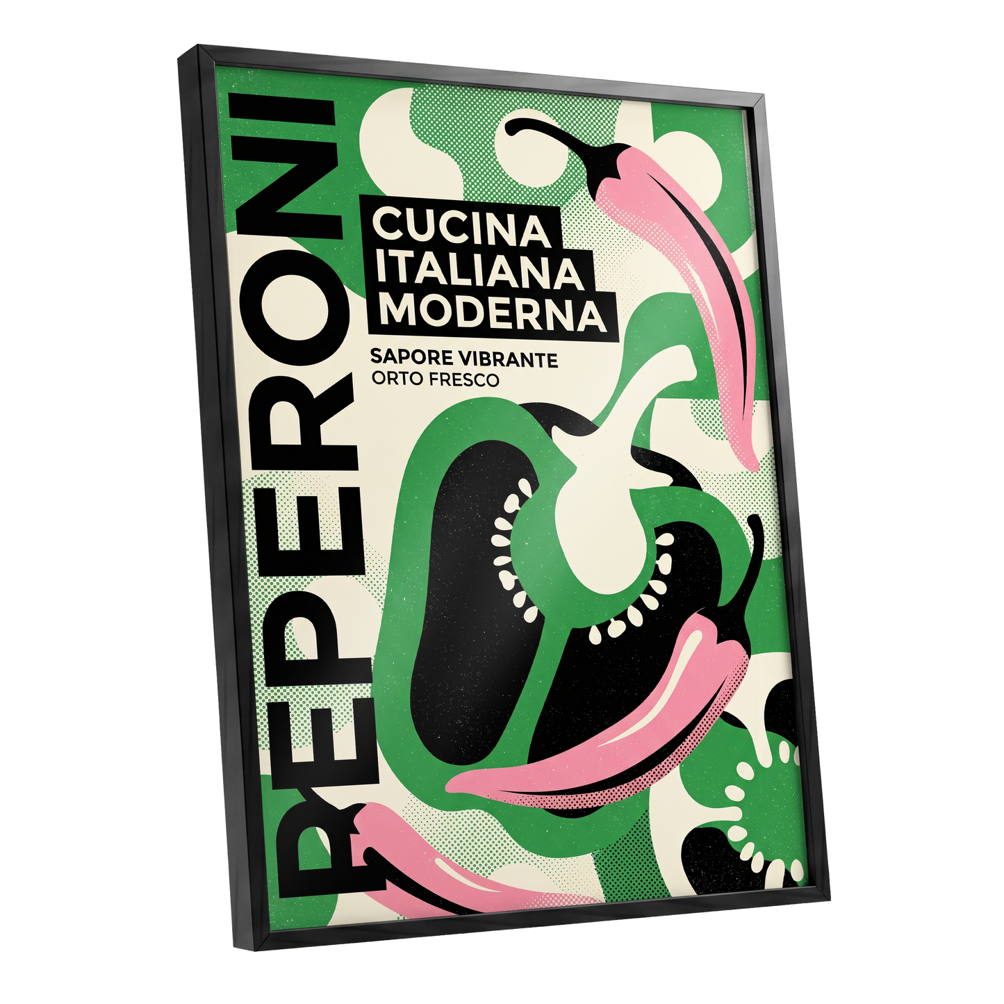 Pepper Moderno, green, black, beige nature wall art shown as a black framed poster wall art print