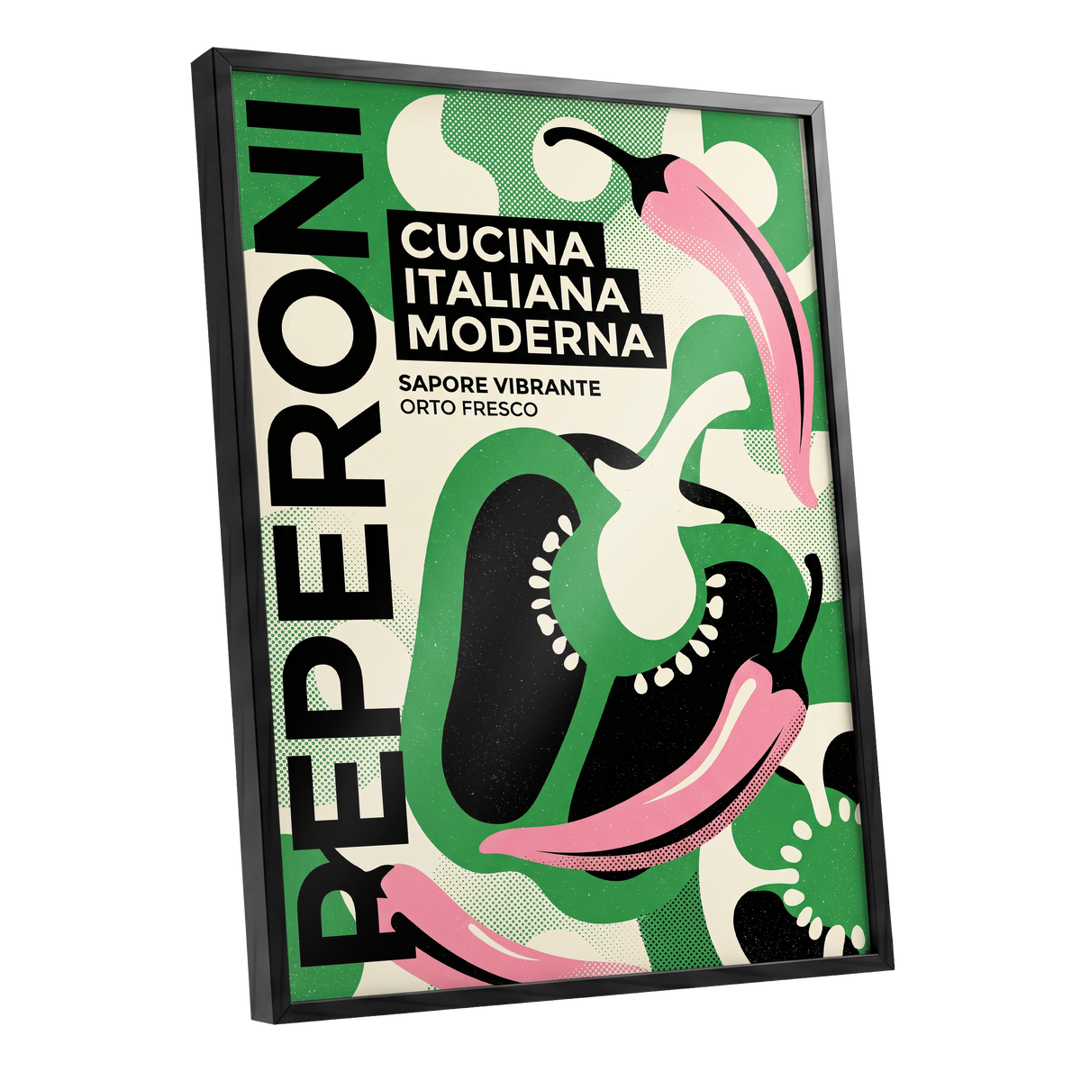 Pepper Moderno, green, black, beige nature wall art shown as a black framed poster wall art print