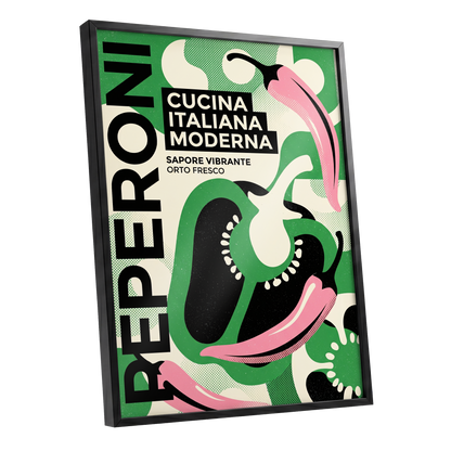 Pepper Moderno, green, black, beige nature wall art shown as a black framed poster wall art print