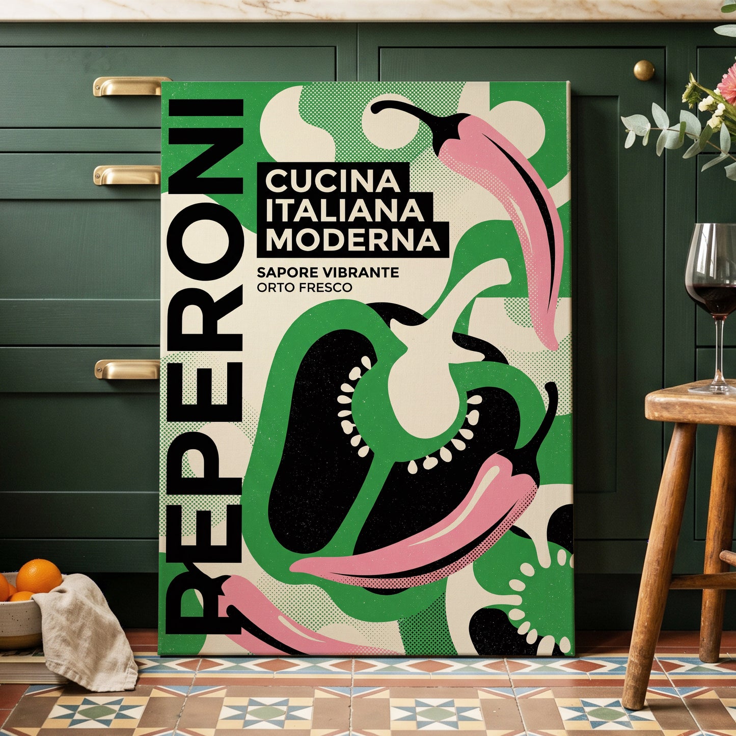 Pepper Moderno, green, black, beige nature wall art on canvas displayed in a styled interior, gallery view 1