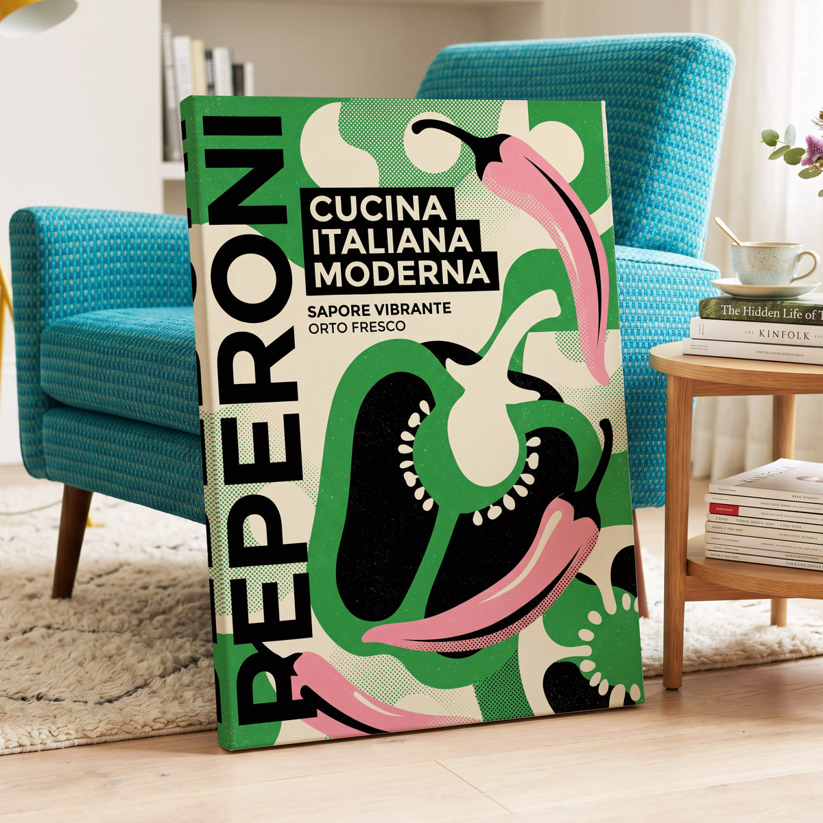 Pepper Moderno, green, black, beige nature wall art on canvas displayed in a styled interior, gallery view 2