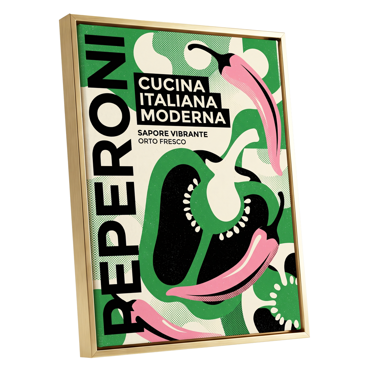 Pepper Moderno, green, black, beige nature wall art shown as a gold framed canvas wall art