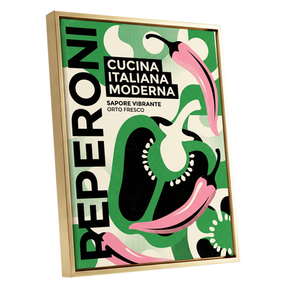 Pepper Moderno, green, black, beige nature wall art shown as a gold framed canvas wall art