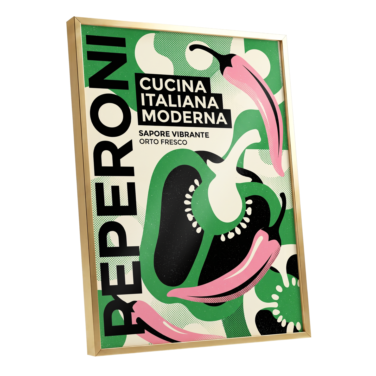Pepper Moderno, green, black, beige nature wall art shown as a gold framed poster wall art print