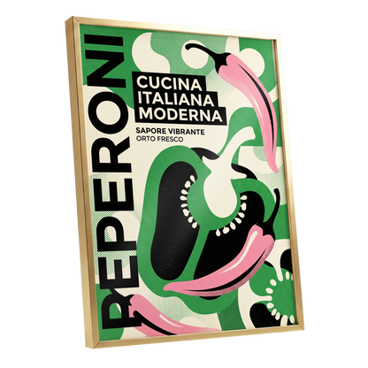 Pepper Moderno, green, black, beige nature wall art shown as a gold framed poster wall art print