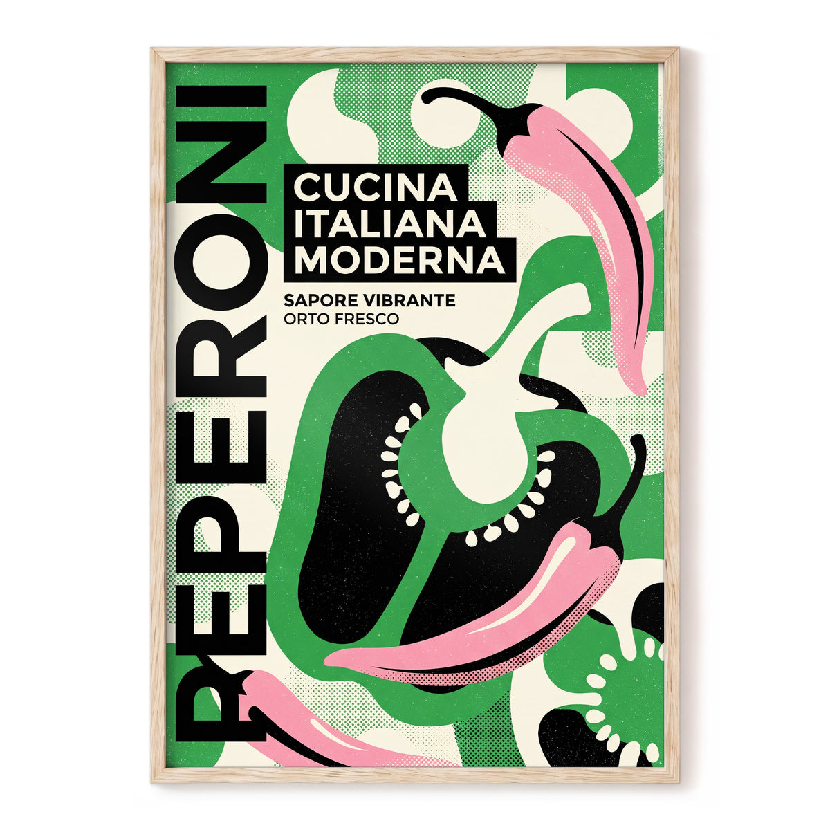 Pepper Moderno, green, black, beige nature wall art, front artwork view