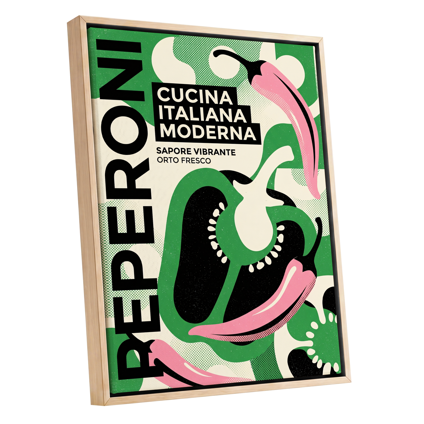 Pepper Moderno, green, black, beige nature wall art shown as a oak framed canvas wall art