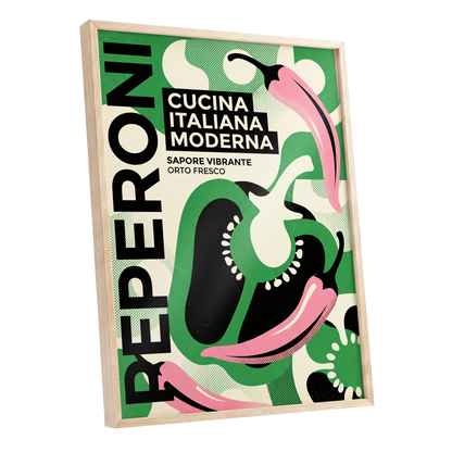 Pepper Moderno, green, black, beige nature wall art shown as a oak framed poster wall art print
