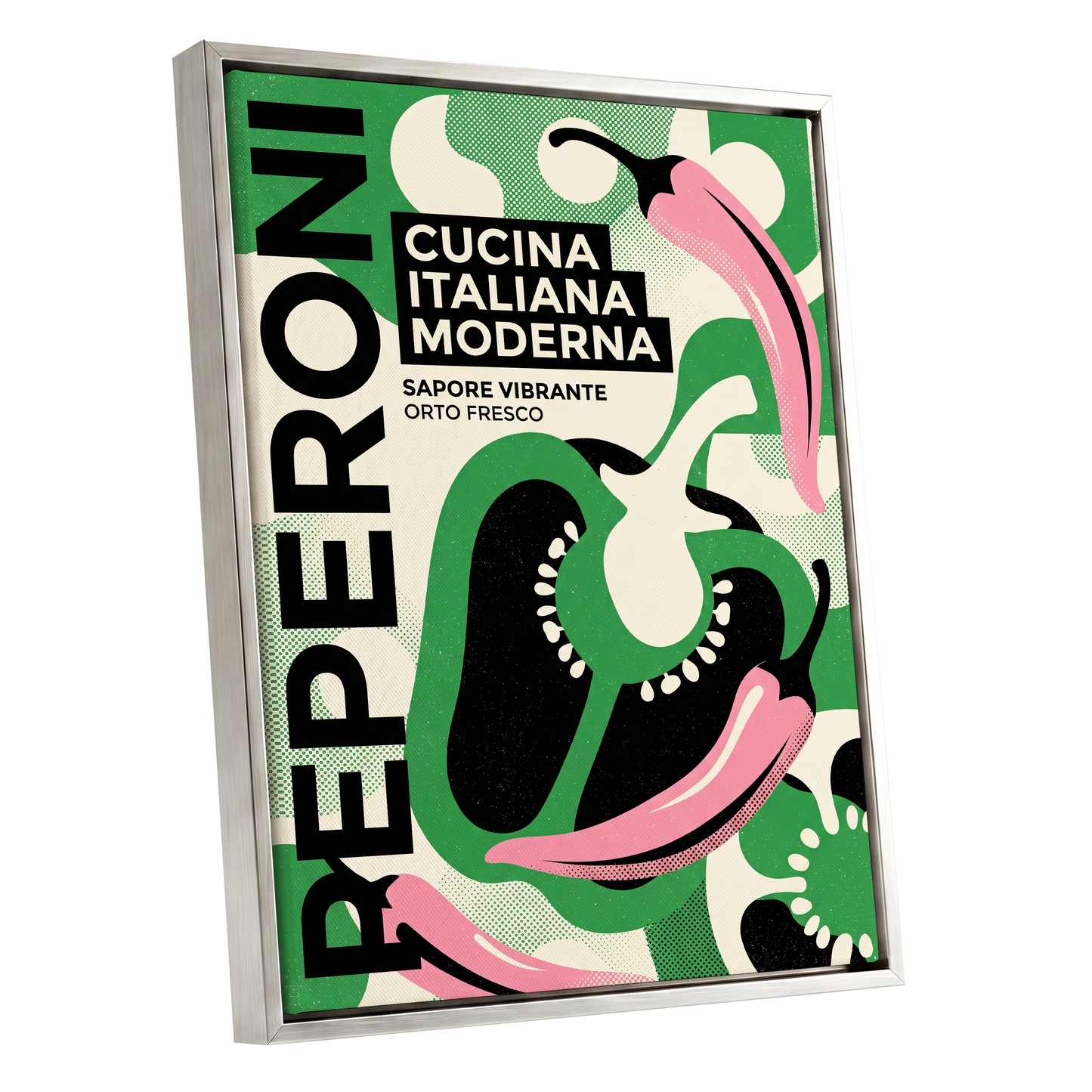 Pepper Moderno, green, black, beige nature wall art shown as a silver framed canvas wall art