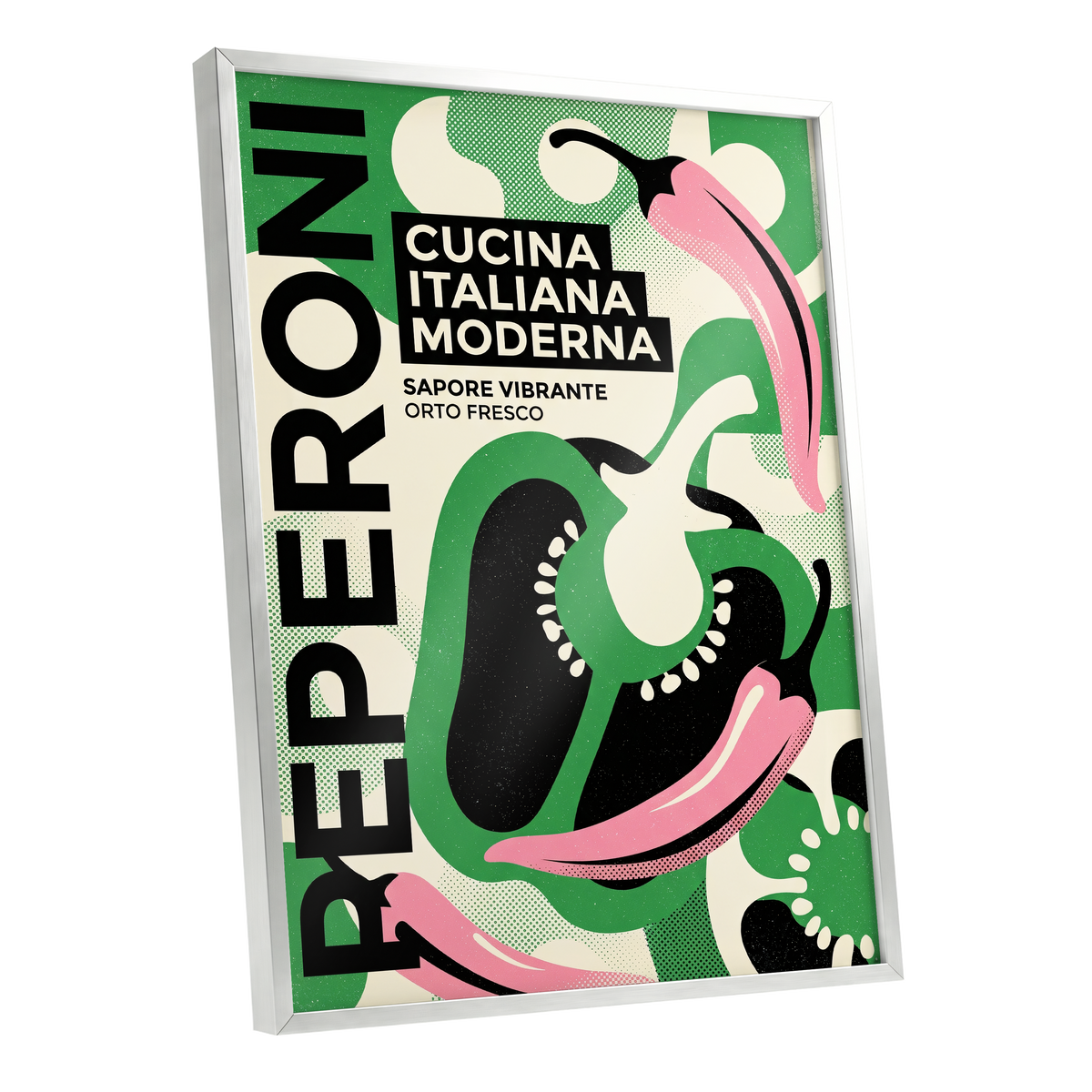 Pepper Moderno, green, black, beige nature wall art shown as a silver framed poster wall art print