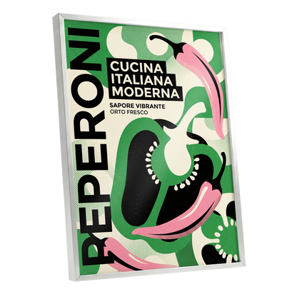 Pepper Moderno, green, black, beige nature wall art shown as a silver framed poster wall art print