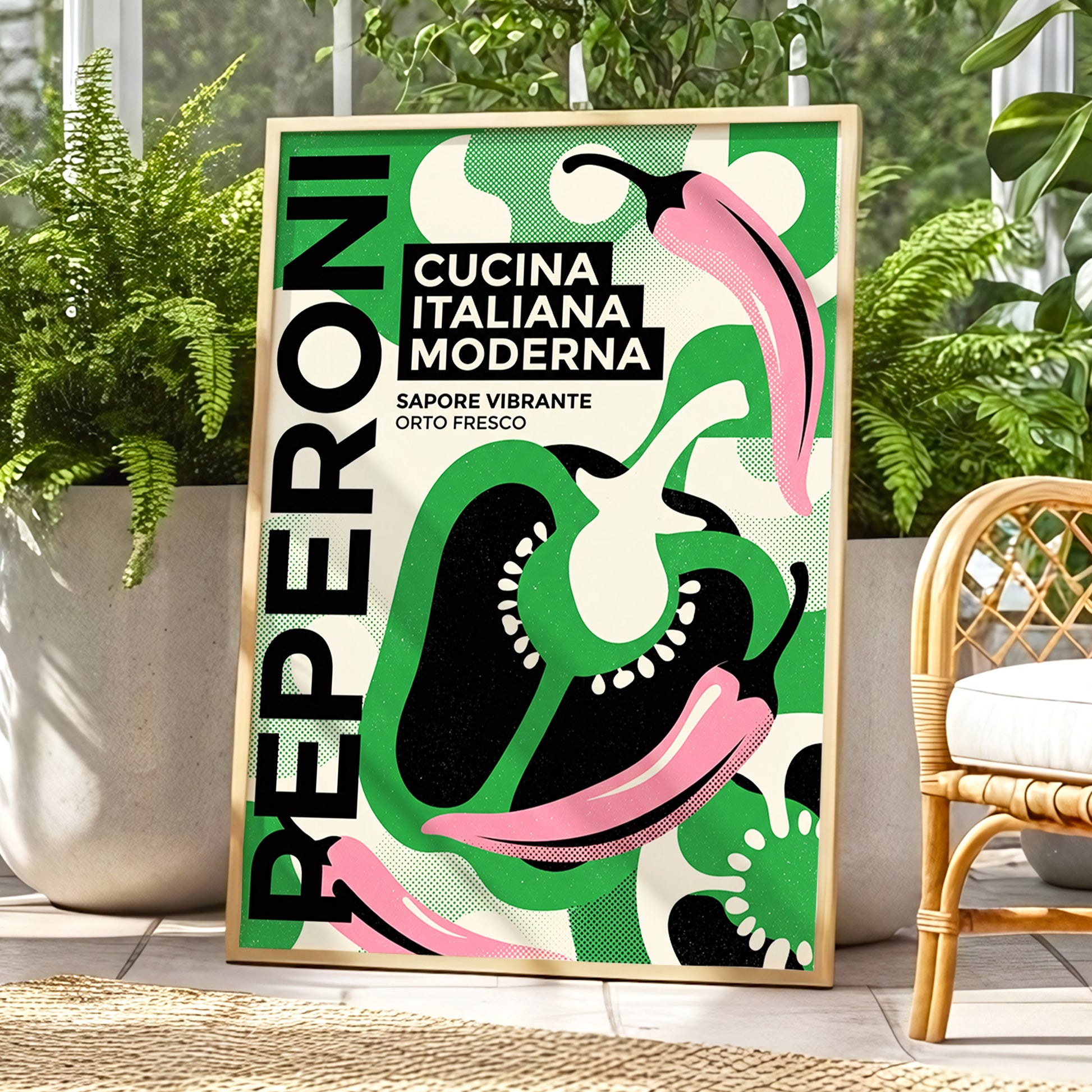 Pepper Moderno, green, black, beige nature wall art displayed in a styled interior, gallery view 1