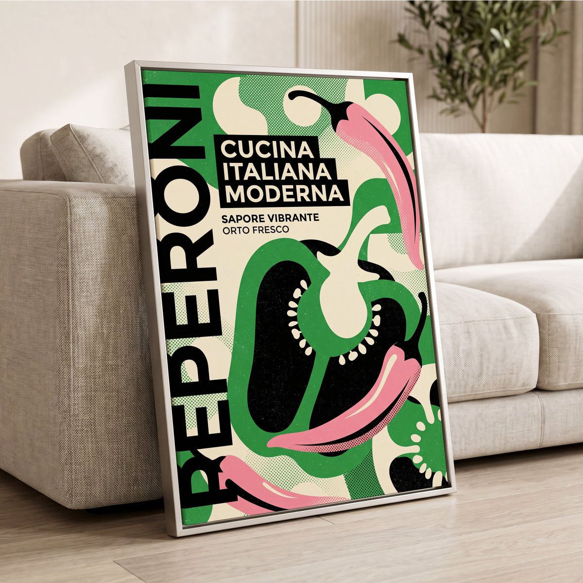 Pepper Moderno, green, black, beige nature wall art displayed in a styled interior, gallery view 2