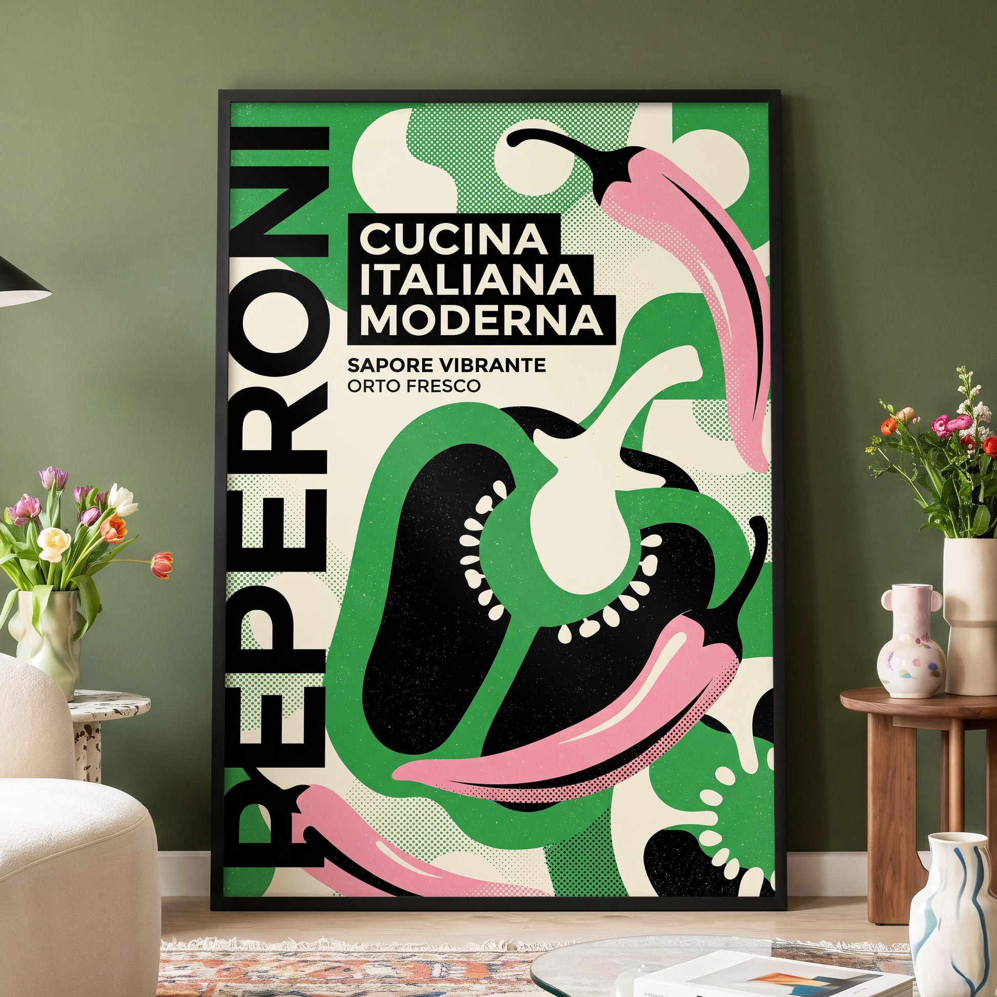 Pepper Moderno, green, black, beige nature wall art displayed in a styled interior, gallery view 4