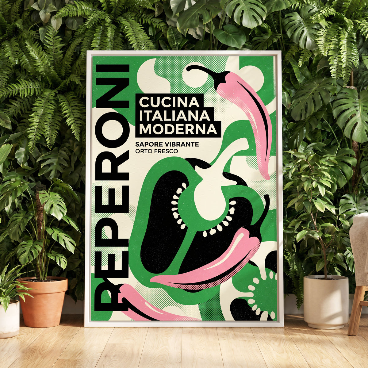 Pepper Moderno, green, black, beige nature wall art displayed in a styled interior, gallery view 5