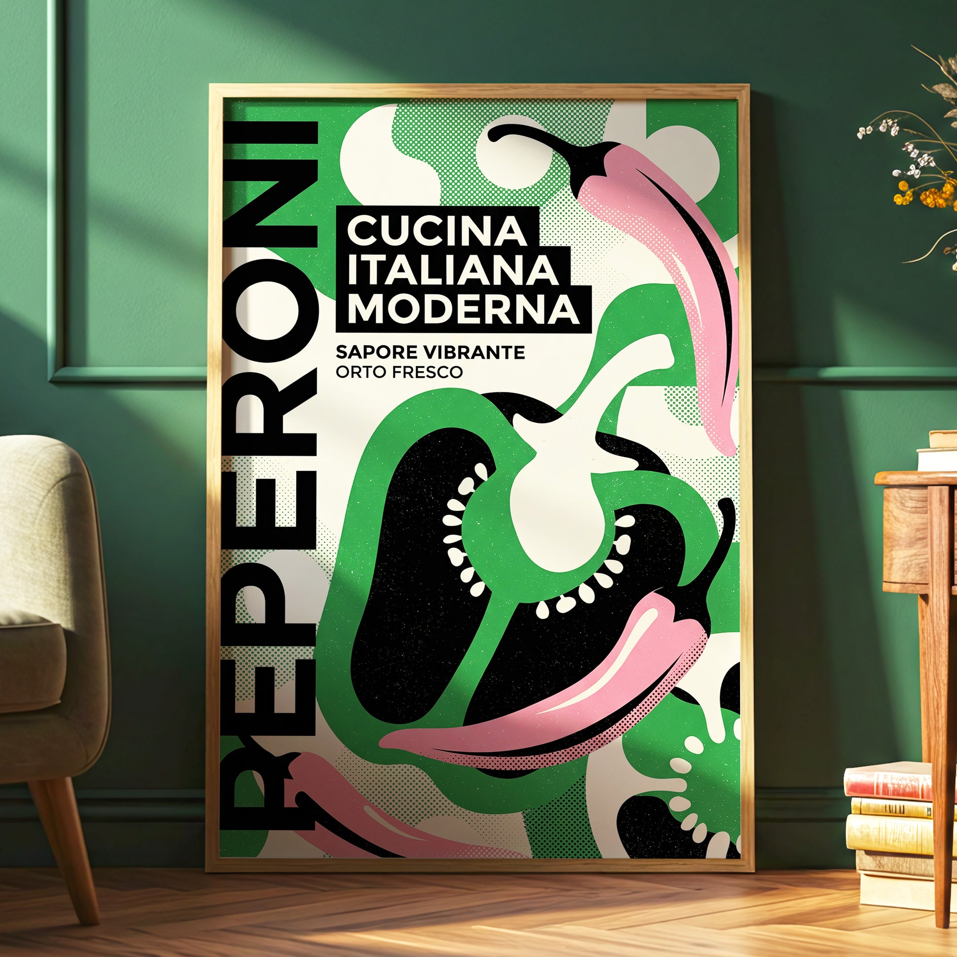 Pepper Moderno, green, black, beige nature wall art displayed in a styled interior, gallery view 6