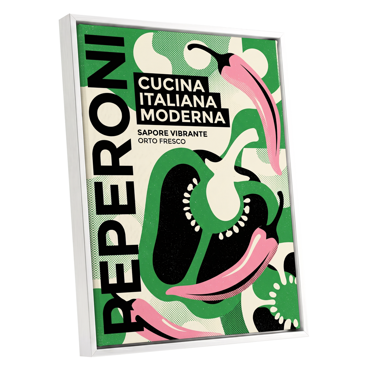 Pepper Moderno, green, black, beige nature wall art shown as a white framed canvas wall art