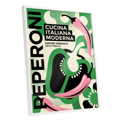 Pepper Moderno, green, black, beige nature wall art shown as a white framed poster wall art print