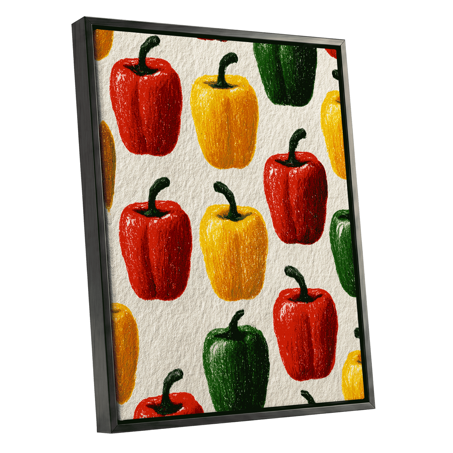 Pepper Parade, red, yellow, green nature wall art shown as a black framed canvas wall art