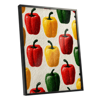 Pepper Parade, red, yellow, green nature wall art shown as a black framed poster wall art print
