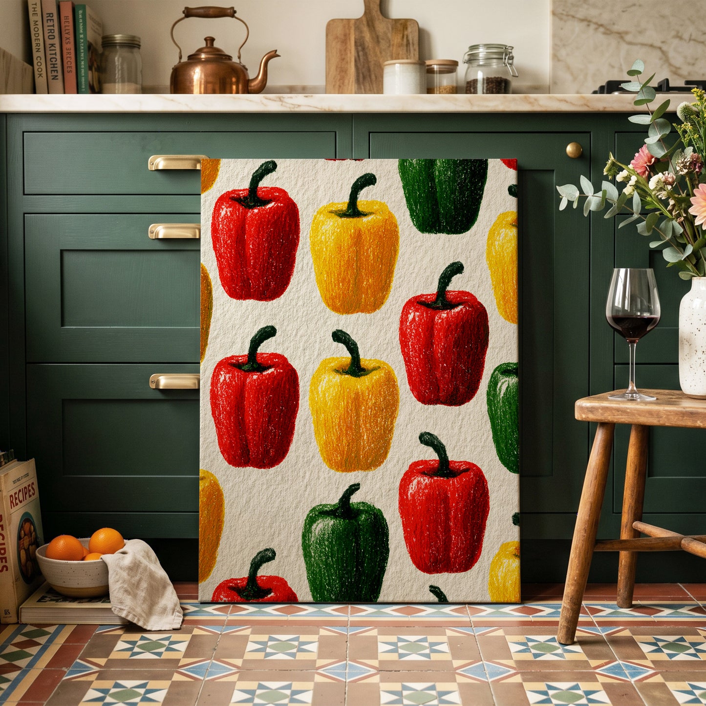 Pepper Parade, red, yellow, green nature wall art on canvas displayed in a styled interior, gallery view 1