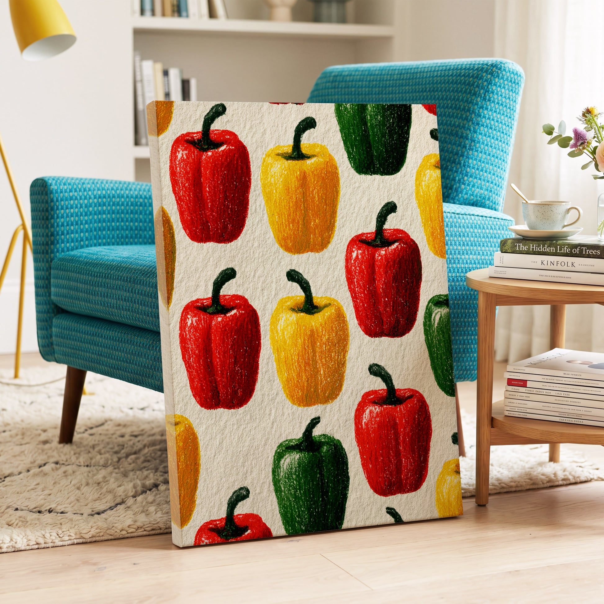 Pepper Parade, red, yellow, green nature wall art on canvas displayed in a styled interior, gallery view 2