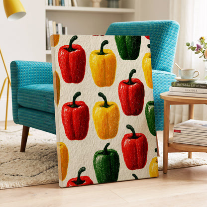 Pepper Parade, red, yellow, green nature wall art on canvas displayed in a styled interior, gallery view 2