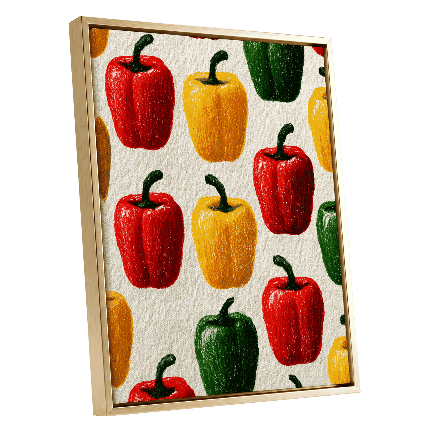 Pepper Parade, red, yellow, green nature wall art shown as a gold framed canvas wall art