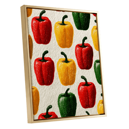Pepper Parade, red, yellow, green nature wall art shown as a gold framed canvas wall art
