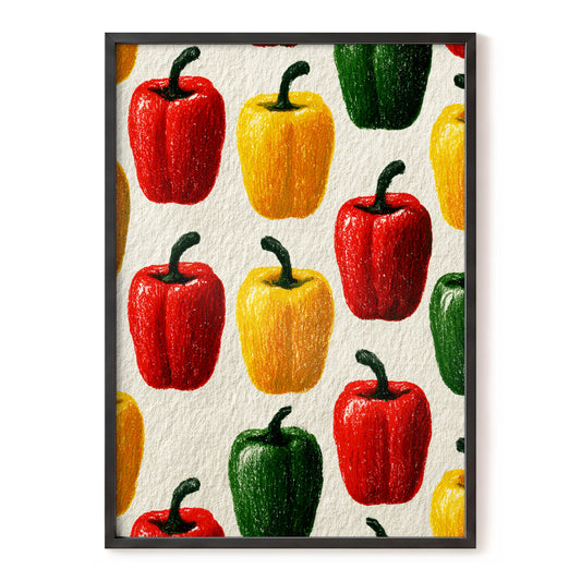 Pepper Parade, red, yellow, green nature wall art, front artwork view