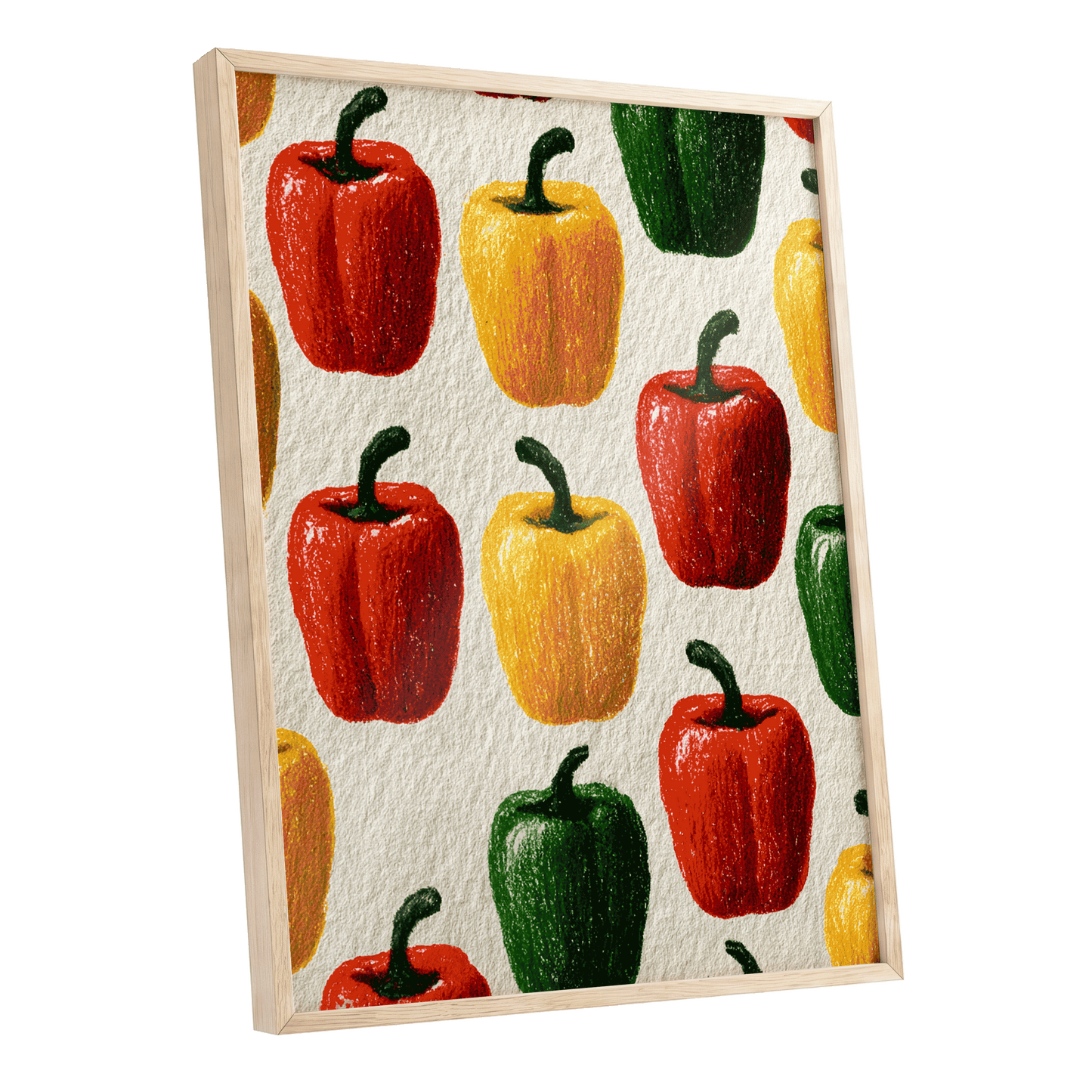 Pepper Parade, red, yellow, green nature wall art shown as a oak framed poster wall art print