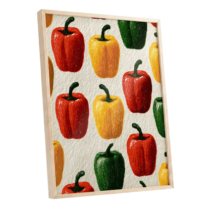 Pepper Parade, red, yellow, green nature wall art shown as a oak framed poster wall art print