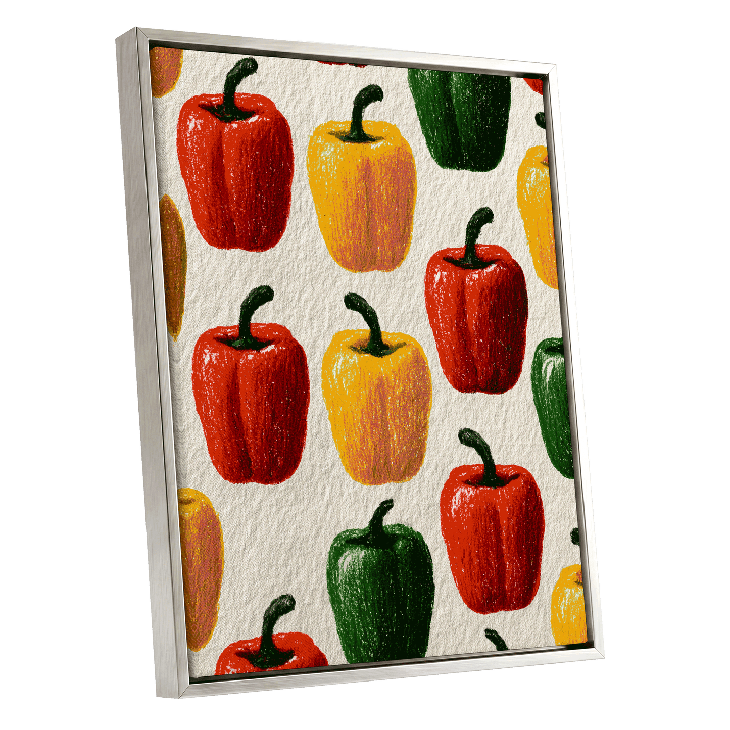 Pepper Parade, red, yellow, green nature wall art shown as a silver framed canvas wall art