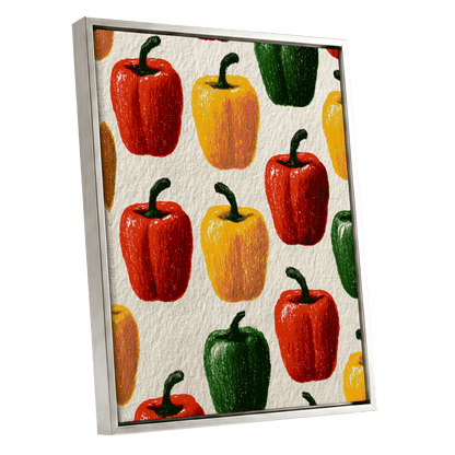 Pepper Parade, red, yellow, green nature wall art shown as a silver framed canvas wall art