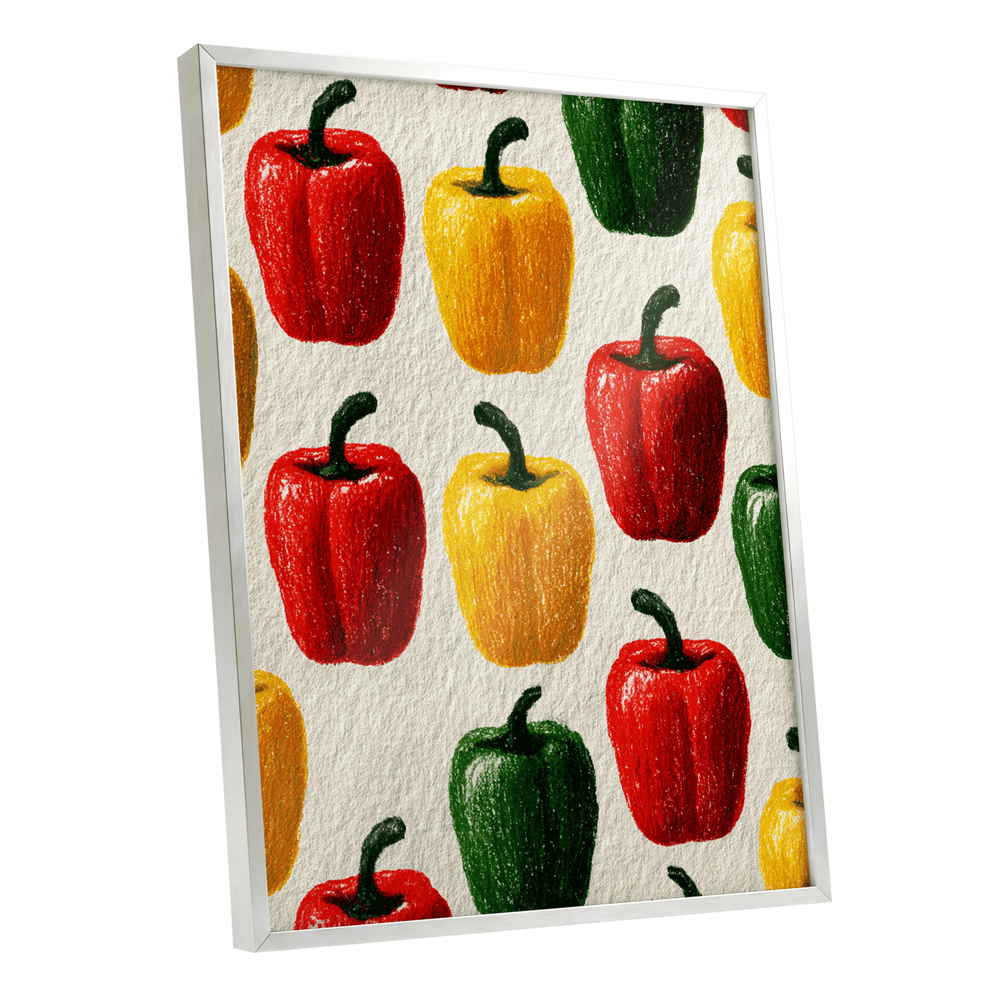 Pepper Parade, red, yellow, green nature wall art shown as a silver framed poster wall art print