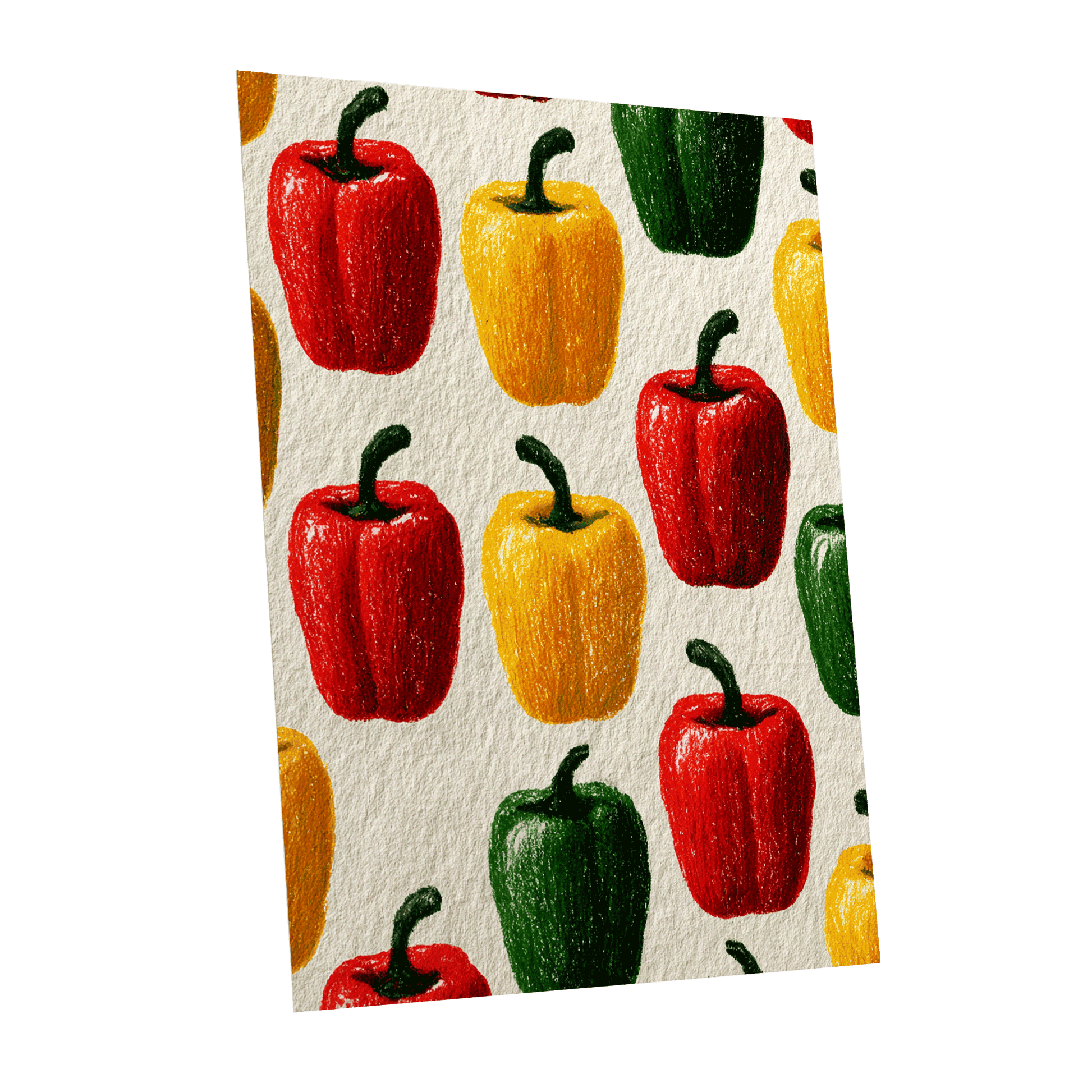 Pepper Parade, red, yellow, green nature wall art shown as a unframed poster wall art print