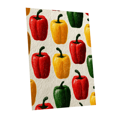 Pepper Parade, red, yellow, green nature wall art shown as a unframed poster wall art print