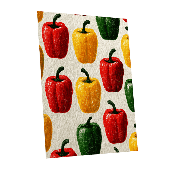 Pepper Parade, red, yellow, green nature wall art shown as a unframed poster wall art print