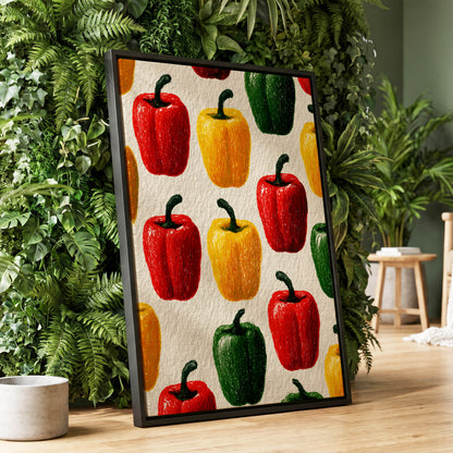 Pepper Parade, red, yellow, green nature wall art displayed in a styled interior, gallery view 1
