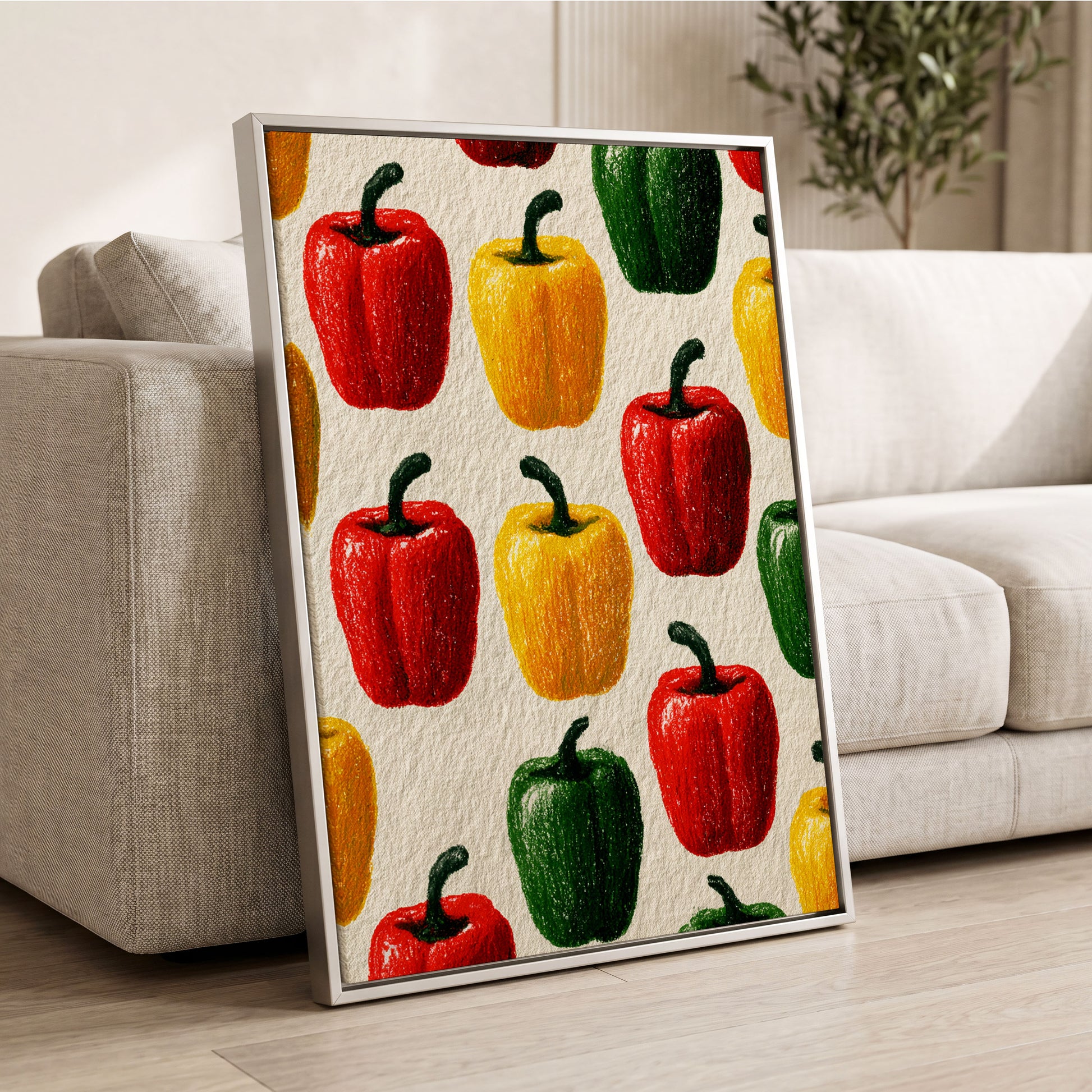 Pepper Parade, red, yellow, green nature wall art displayed in a styled interior, gallery view 2