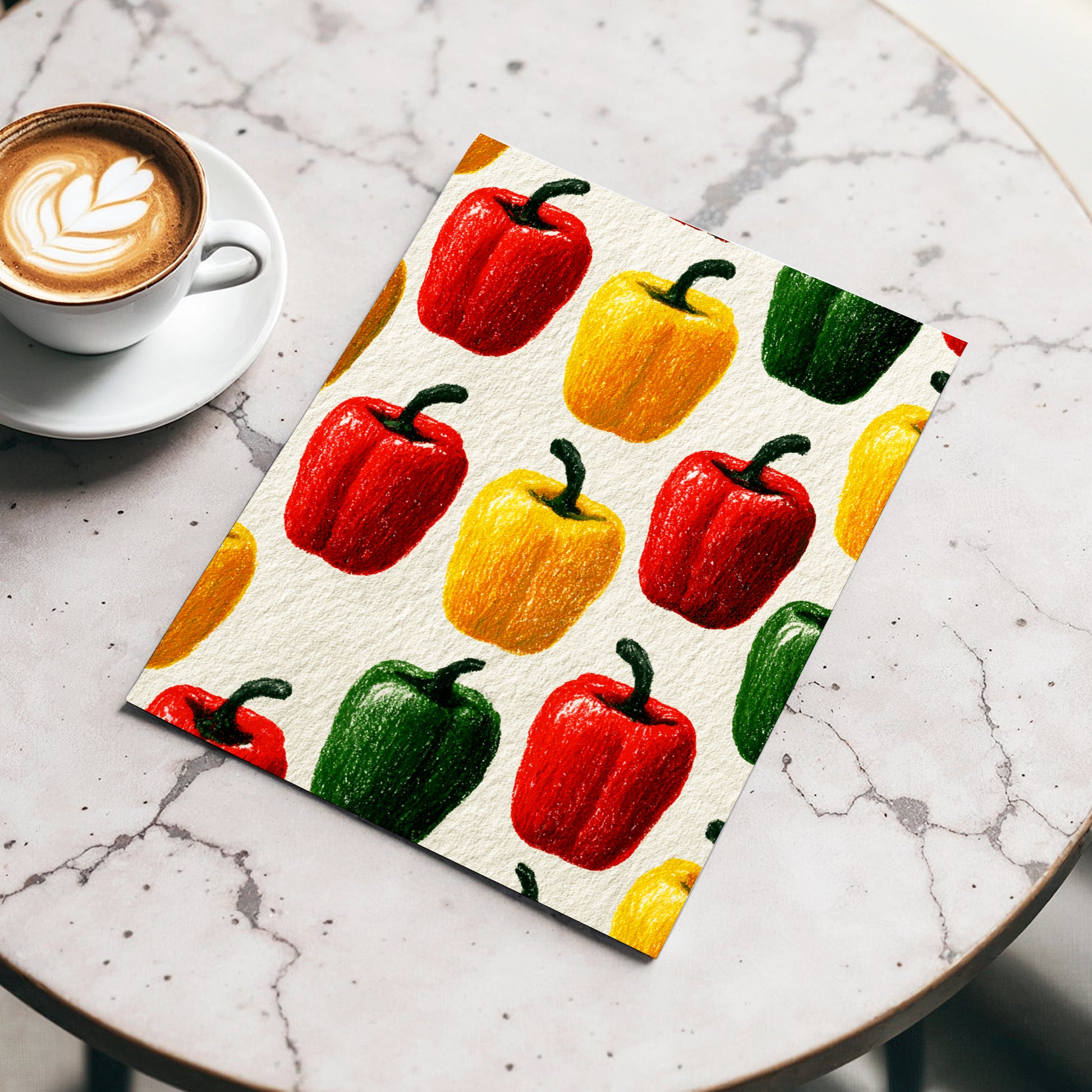 Pepper Parade, red, yellow, green nature wall art displayed in a styled interior, gallery view 3