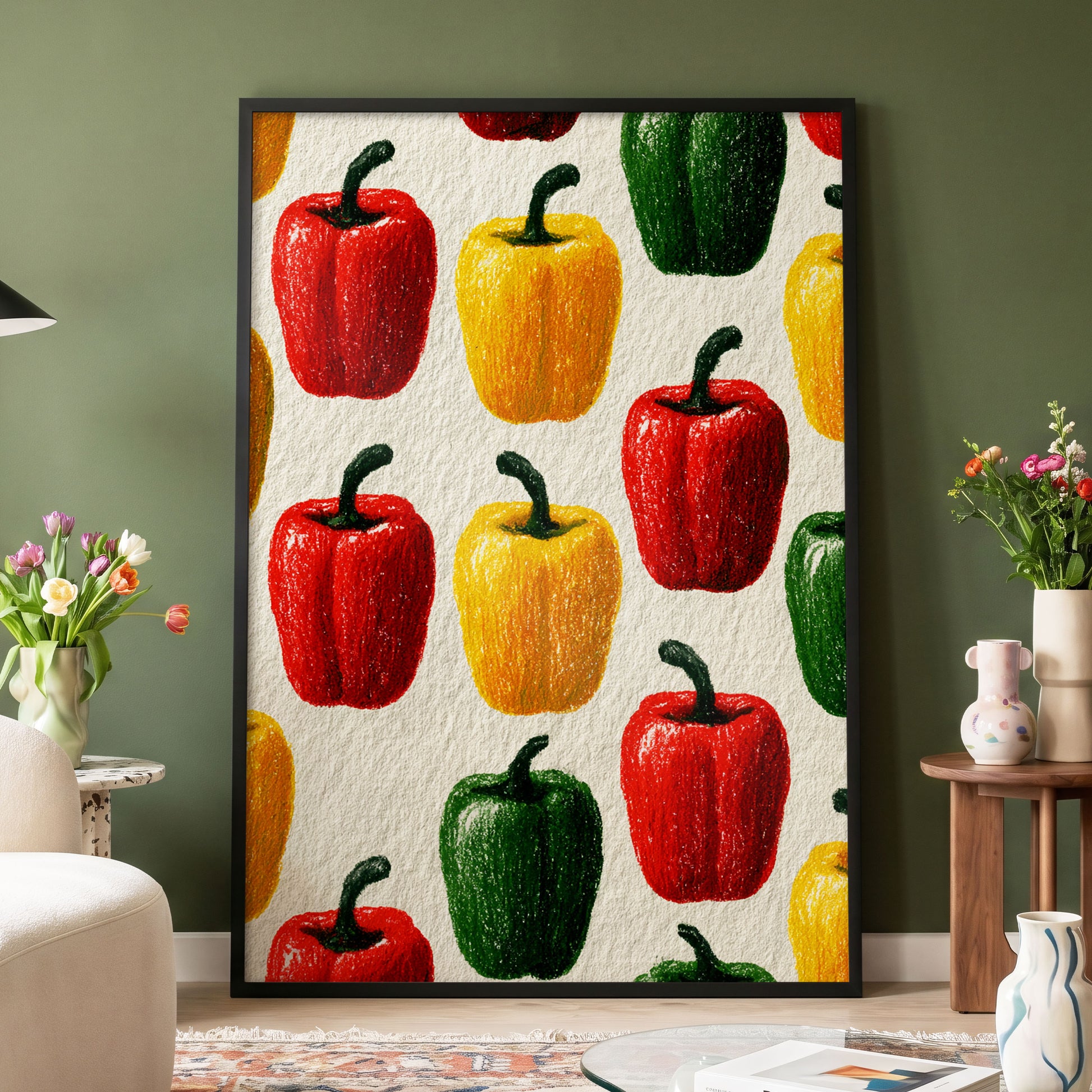 Pepper Parade, red, yellow, green nature wall art displayed in a styled interior, gallery view 4